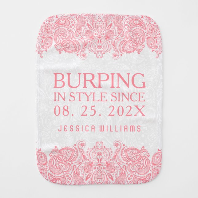 Burping In Style White & Pink Lace Baby Burp Cloth (Front)