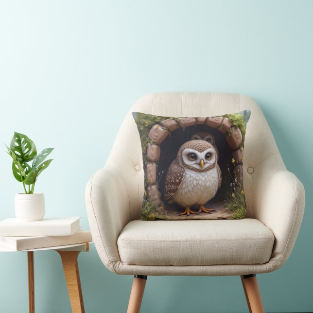 Burrowing Owls In a Stone Cave Throw Pillow (Chair)