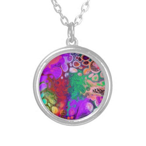 Burst of Colors Digital Fluid Art   Silver Plated Necklace