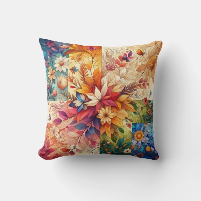 “Burst of Nature: Symmetrical Floral Illustration” Throw Pillow (Front)