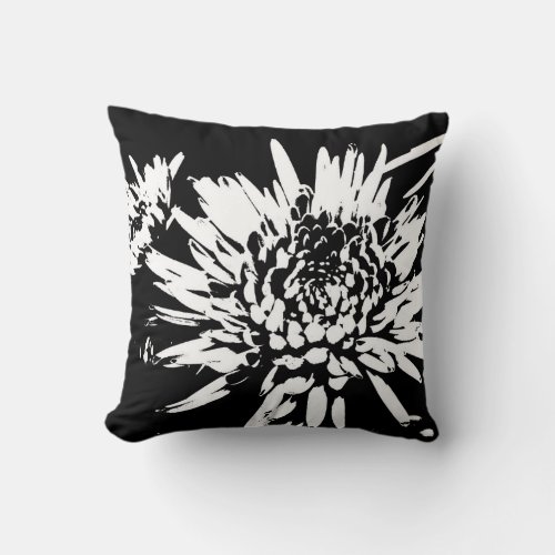 Bursting Joy l Black and White Abstract Floral Art Throw Pillow