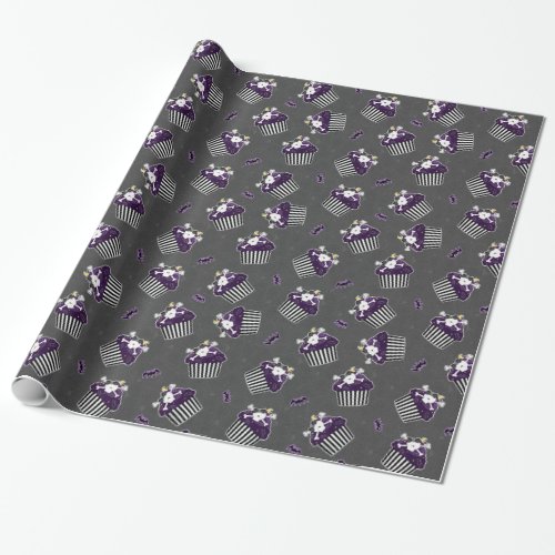 Burtonesque Skull Cupcake and Bats Wrapping Paper
