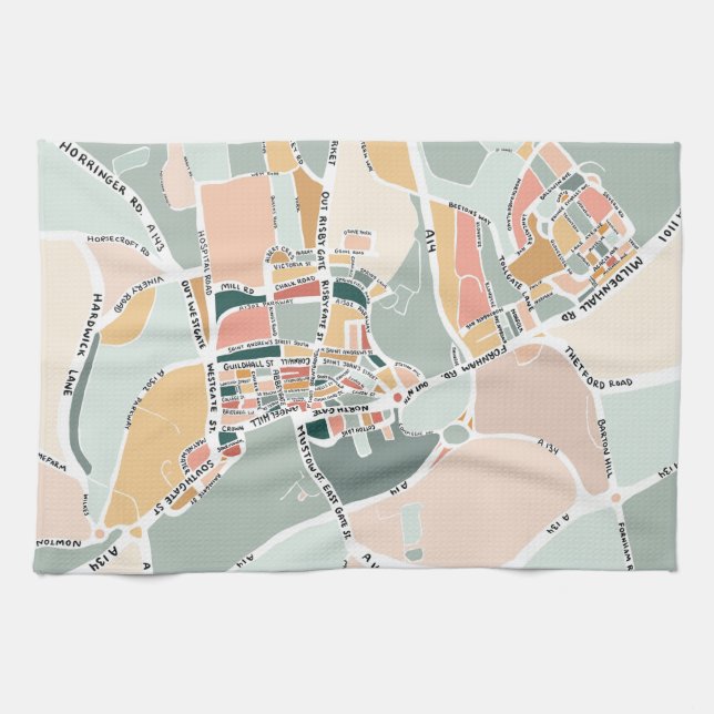 Bury St Edmunds Colourful Modern Map Kitchen Towel (Horizontal)