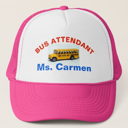 BUS ATTENDANT with name  PINK HAT