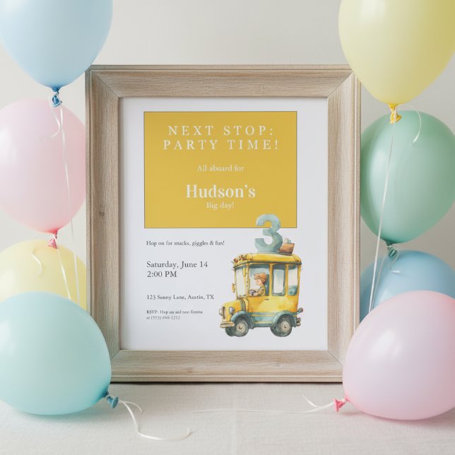 Bus Birthday Invitation • Kids Party (Yellow bus birthday invitation in wooden frame with pastel balloons on light wall.)
