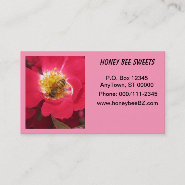 Bus. Card - Honey Bee on Pink Flower (Front)