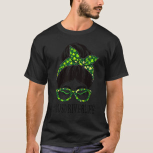 Bus Driver Women Messy Bun St Patrick's Day Shamro T-Shirt