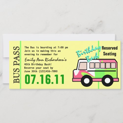 Bus Pass Birthday Party Invitation