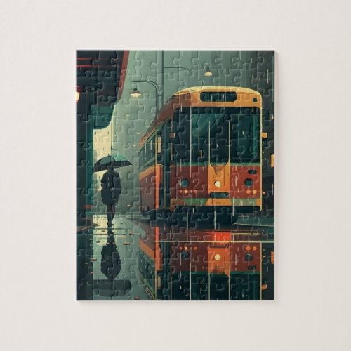 Bus stop and lonely passenger in rainy city street jigsaw puzzle