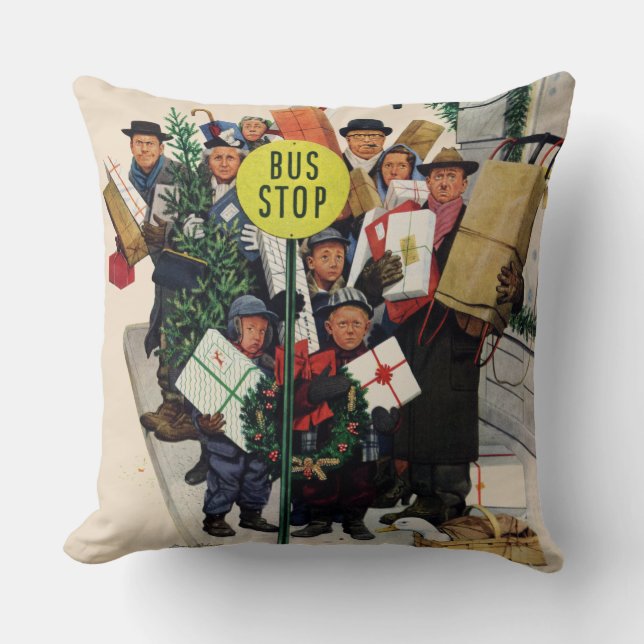 Bus Stop at Christmas Throw Pillow (Front)