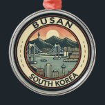 Busan South Korea Bridge Travel Art Badge Metal Ornament<br><div class="desc">Busan retro vector travel design. Busan,  a large port city in South Korea,  is known for its beaches,  mountains and temples.</div>