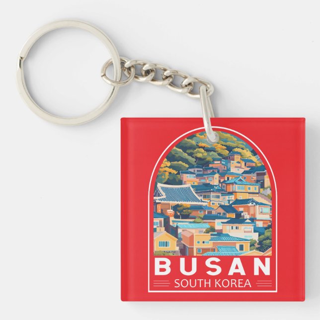 Busan South Korea Travel Art Emblem Keychain (Front)