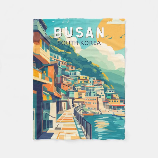 Busan South Korea Travel Art Vintage Fleece Blanket (Front)