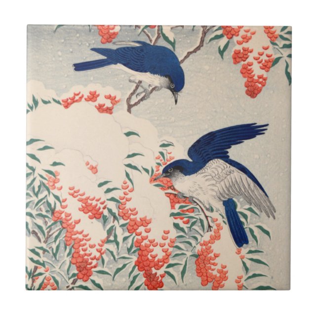 Bush and Fly Catchers in Snow by Ohara Koson Ceramic Tile (Front)