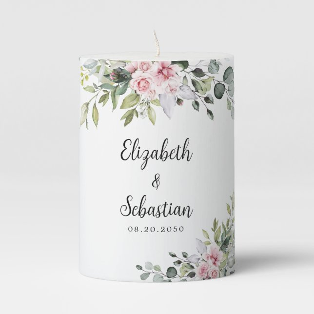 Bush Pink Greenery Wedding Pillar Candle (Front)