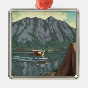 Bush Plane and Fishing Vintage Travel Poster Metal Ornament