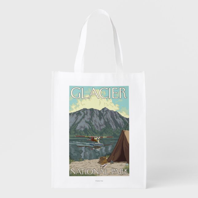 Bush Plane & Fishing - Glacier National Park, MT Grocery Bag (Front)
