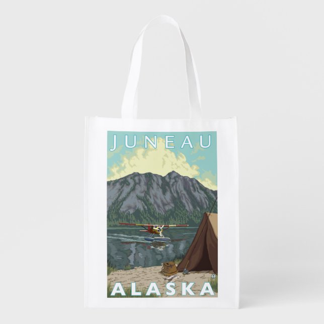 Bush Plane & Fishing - Juneau, Alaska Reusable Grocery Bag (Front)