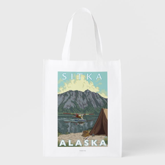 Bush Plane & Fishing - Sitka, Alaska Reusable Grocery Bag (Front)