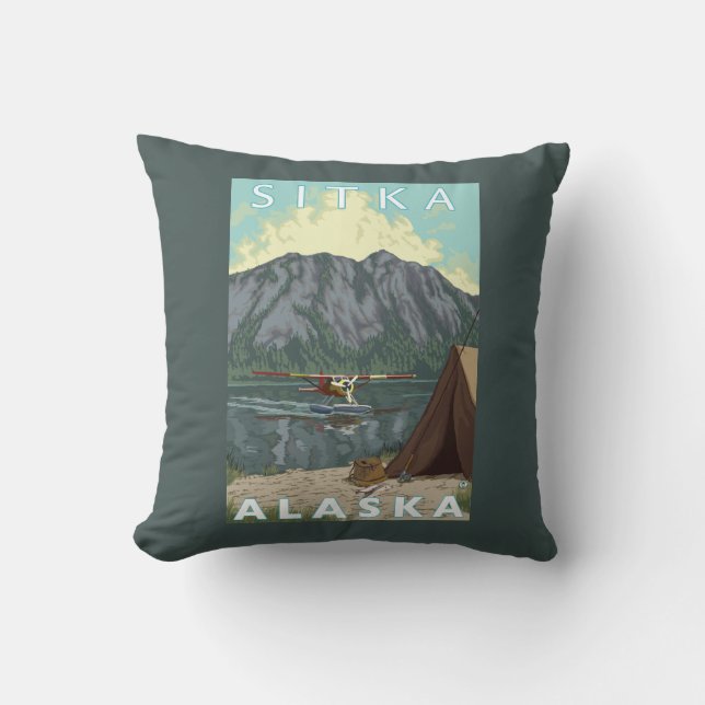 Bush Plane & Fishing - Sitka, Alaska Throw Pillow (Front)