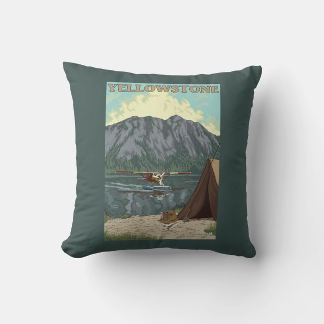 Bush Plane & Fishing - Yellowstone National Throw Pillow (Front)