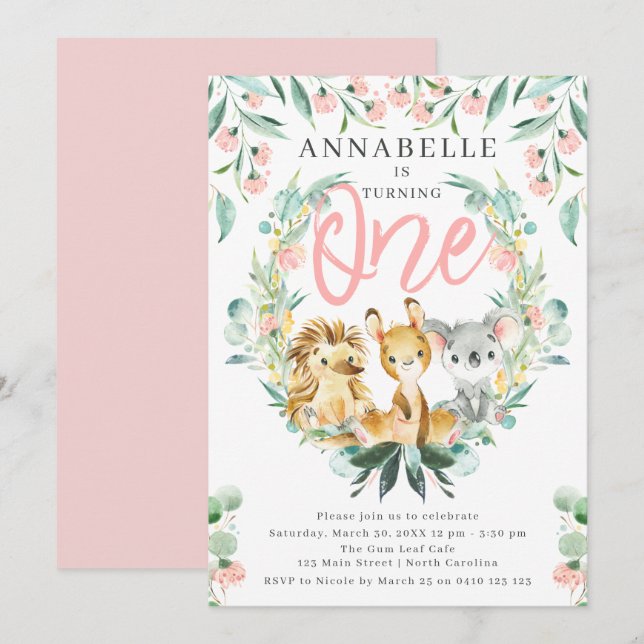 Bush Safari 1st Girl Birthday Invitation (Front/Back)