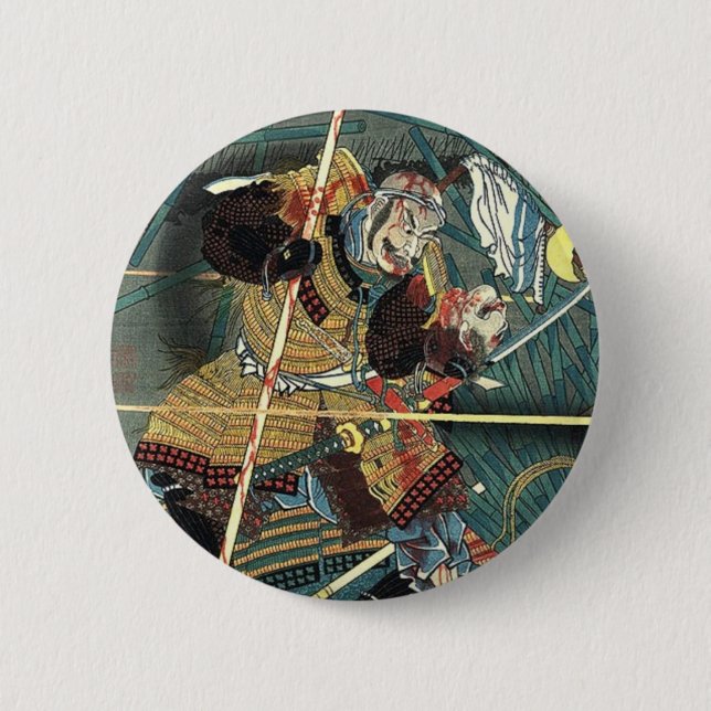bushido fighting japanese ukiyo-e samurai warrior pinback button (Front)