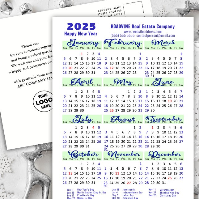 Business 20245 Calendar Modern Blue Script Simple Holiday Postcard (Creator Uploaded)