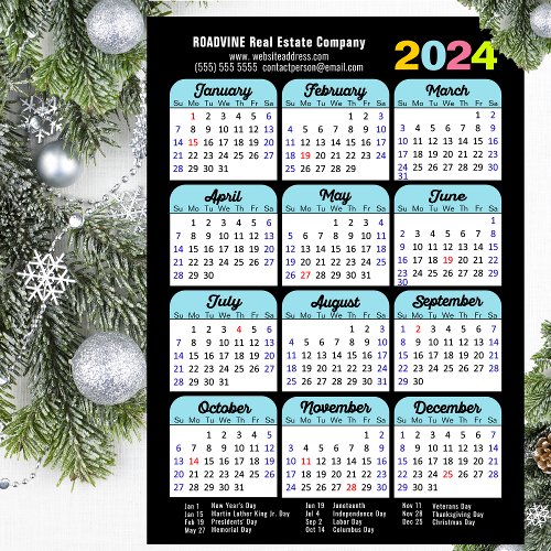 Business 2024 Calendar Black Blue Minimalist Holiday Card