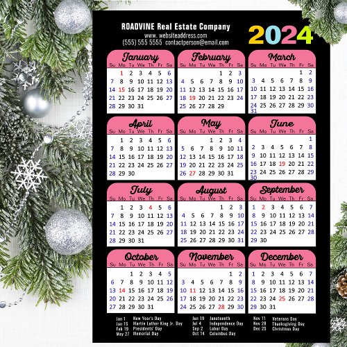 Business 2024 Calendar Black Pink Minimalist Holiday Card