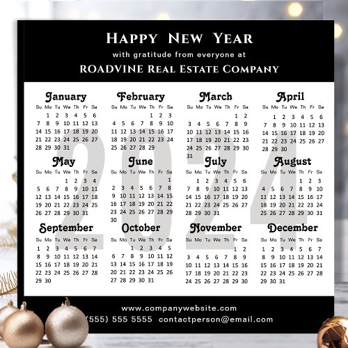 Business 2024 Calendar Black Silver Glitter Simple Holiday Card