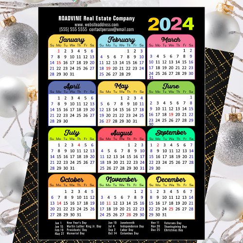 Business 2024 Calendar Modern Black Gold Colorful Holiday Card