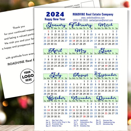 Business 2024 Calendar Modern Blue Script Simple Holiday Postcard