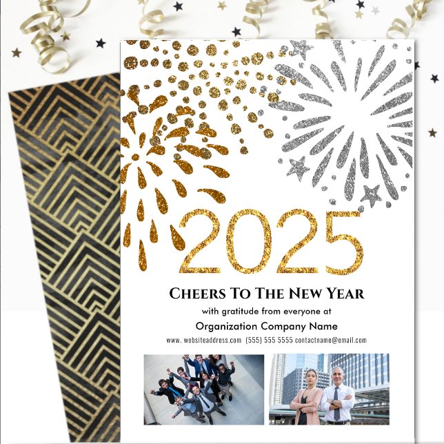 Business 2025 Festive Fireworks Modern Black Gold Holiday Card (Creator Uploaded)