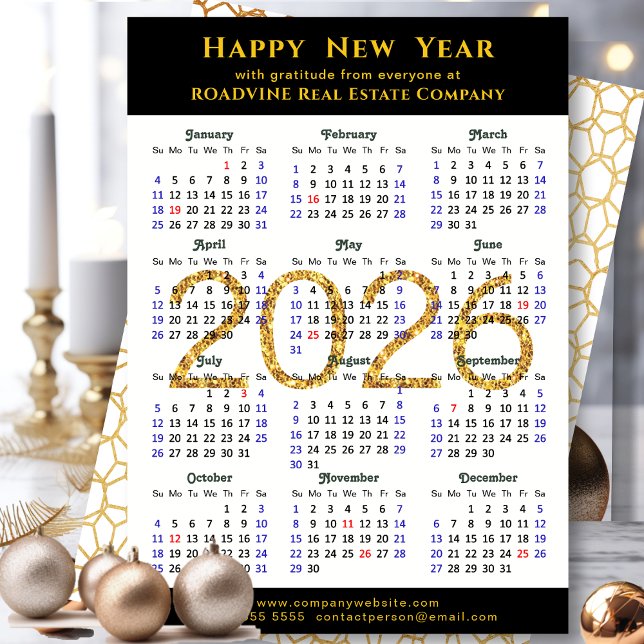 Business 2026 Calendar Gold Glitter Modern Black Holiday Card (Creator Uploaded)