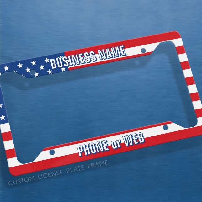 Business 2 Lines Text - American Flag License Plate Frame (Custom License Plate Frame)