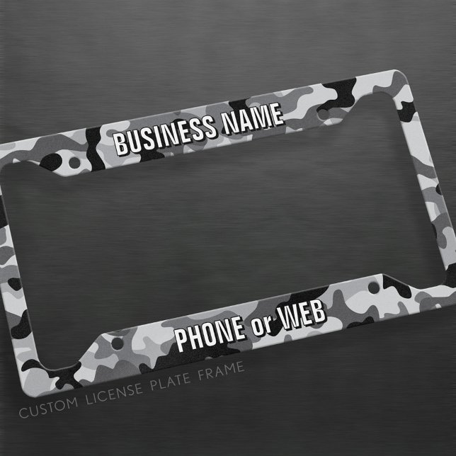 Business 2 Lines Text - Black and White Camo License Plate Frame (Custom License Plate Frame)