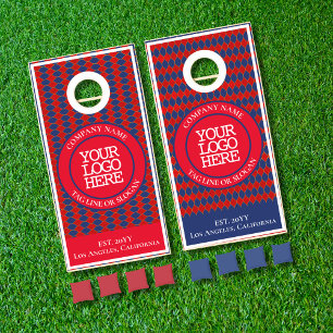 Business Add Logo Red Blue Vintage Geometric Cornhole Set