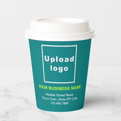 Business Address and Phone Number on Teal Green Paper Cups