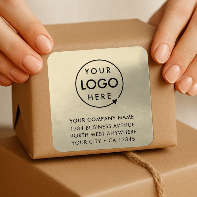 Business Address Sticker Roll | Logo Gold Label (Company logo square return address sticker labels for order shipping & small business correspondence)