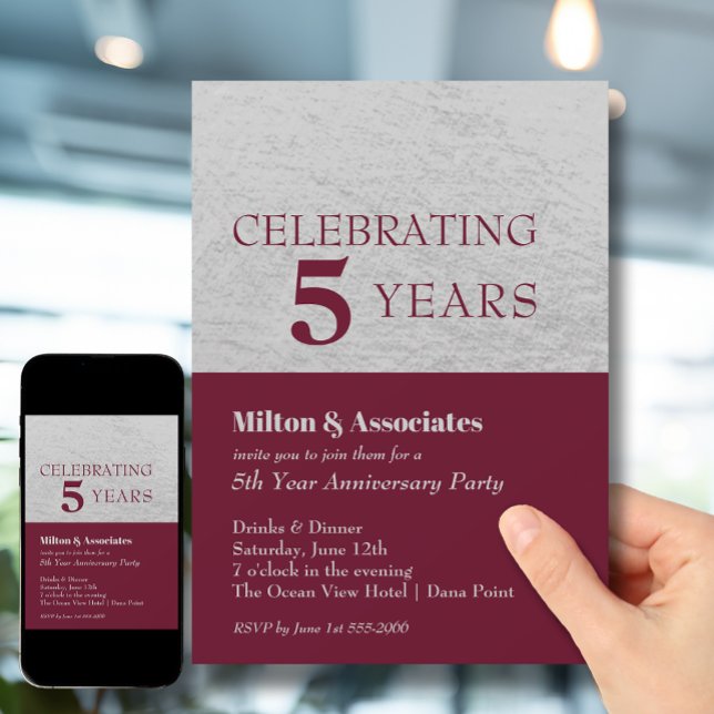 Business Anniversary Burgundy Silver Invitation (Change to ANY YEAR. Order printed and instant download (great to email as a reminder.))