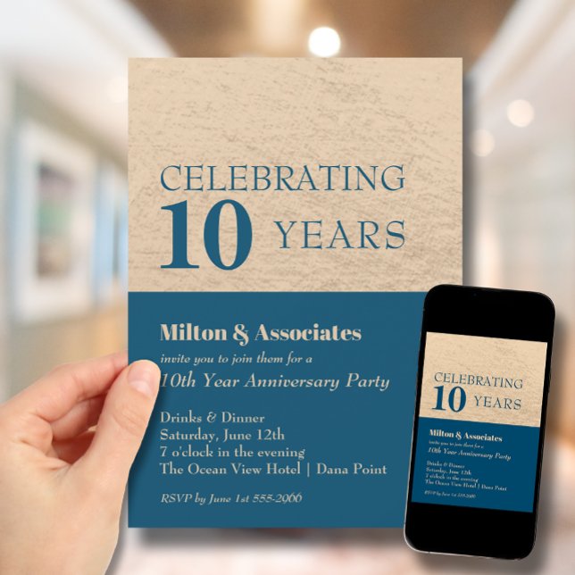 Business Anniversary Celebration Blue & Gold Invitation (Change to ANY YEAR. Order printed and instant download (great to email as a reminder.))