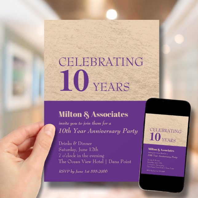 Business Anniversary Celebration Purple & Gold Invitation (Change to ANY YEAR. Order printed and instant download (great to email as a reminder.))