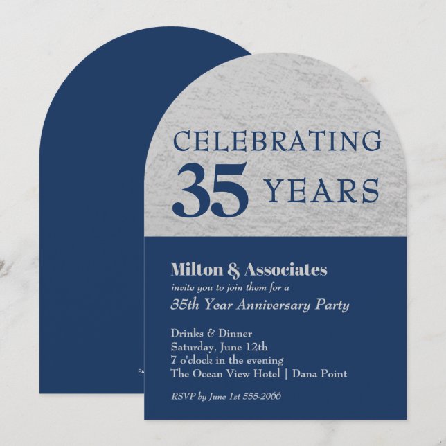 Business Anniversary Navy Silver Arch Top Invitation (Front/Back)