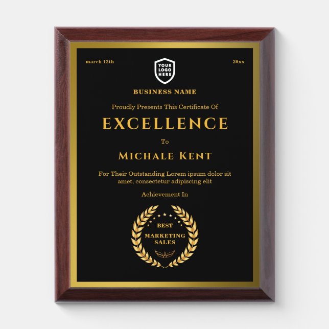 Business award certificate | Logo Custom Gold Plaque (Vertical)