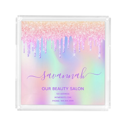 Business beauty salon pink glitter iridescent acrylic tray