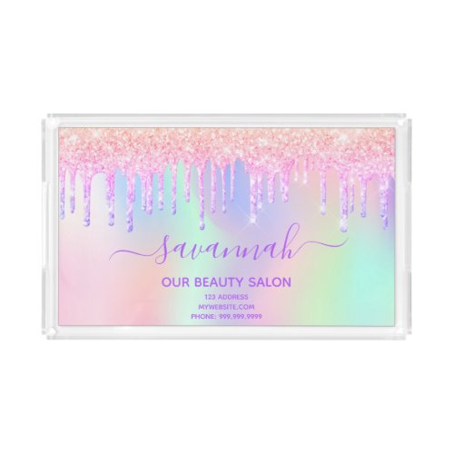 Business beauty salon pink glitter iridescent acrylic tray
