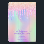 Business beauty salon pink glitter iridescent iPad pro cover<br><div class="desc">A trendy iridescent background with unicorn and rainbow pastel colors in pink, purple, rose gold, mint green. Decorated with faux glitter drips in rose gold, pink and purple. An ipad cover for makeup artists, hair designers, hair and beauty salons. Purple colored letters. Personalize and add your name and contact information....</div>