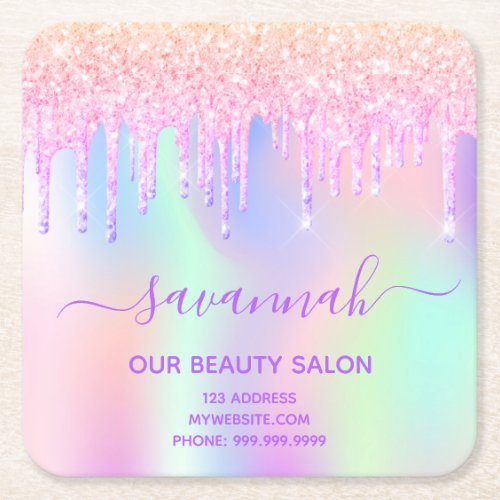 Business beauty salon pink glitter iridescent name square paper coaster