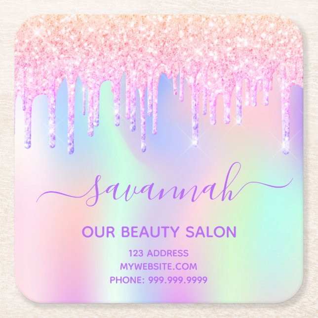 Business beauty salon pink glitter iridescent name square paper coaster (Front)